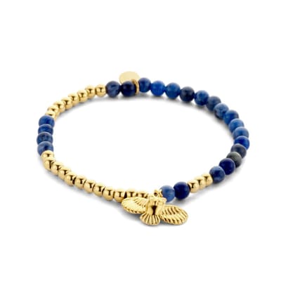 CO88 Collection 8CB-90843 Stalen Armband - Dames - Kralen - 4 en 4,5 mm Doorsnee - Staal en Blauw Sodaliet - Uil - 17,8 cm Lengte - Rekarmband - Goudkleurig