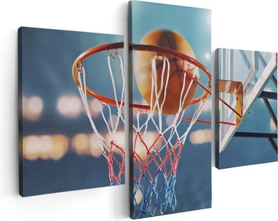 Artaza Canvas Schilderij Drieluik Basketbal in Ring - Hoepel - Bord - 90x60 - Foto Op Canvas - Canvas Print
