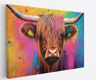 Saammp - Canvas Schilderij - Schotse Hooglander Koe - Abstract - Kleurrijk - Dieren - Natuur - 45x30 - Foto op canvas - Wanddecoratie - muurdecoratie Woonkamer - Slaapkamer decoratie - Canvas Print