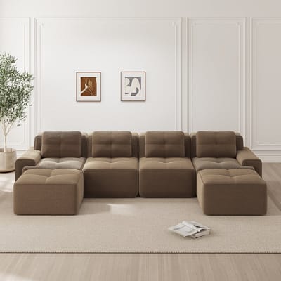 MODFU Modulaire Bank - Diepe Zit - Antislip Onderzijde - Minimalistisch - Voor De Woonkamer - Ribstof - Bruin - 4-Zits