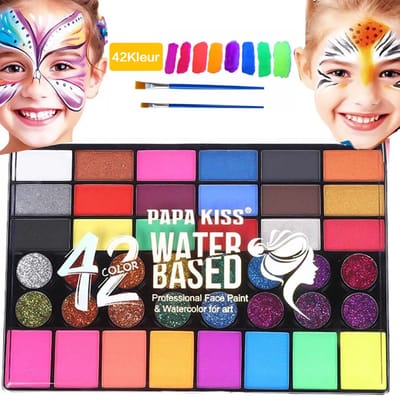 Schminkset-Schmink voor kinderen-42 kleuren-12 kleuren fluorescerende pigmenten Wasbare gezichtsverf Veilige lichaamsverf-2 penselen-Voor volwassenen Kinderen Halloweenfeest Carnaval-Make-upverf niet giftig in gebruik