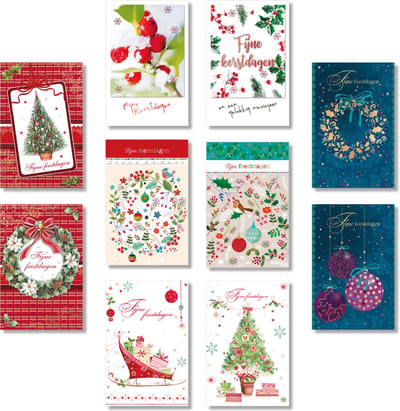 50 Kerstkaarten en Nieuwjaarskaarten - Foliedruk - 10 motieven - Witte envelop