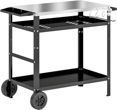 Buitenkeuken op Wielen – BBQ Trolley – Met Opbergkast & Planken – Werktafel voor Buiten – Staal & Metaal – Multifunctioneel – Zwart + Zilver
