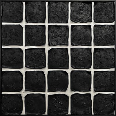 Ter Halle - Schilderij - Wanddecoratie - 3D Art - Zwarte Vlakjes Op een Beige achtergrond - 103x103cm
