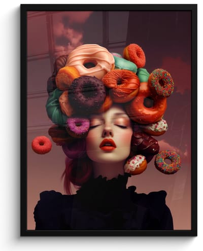 Poster in lijst - Fotolijst 50x70 cm - Posters - Vrouw - Donuts - Kleurrijk - Posterlijst zwart - Decoratie - Wanddecoratie woonkamer - Muurdecoratie slaapkamer