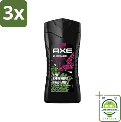 3 x Axe - 3-in-1 Douchegel - Wild Bergamot & Pink Pepper - 100% Plantaardig - 250 ml - Grootverpakking - Douchegel - Geur - Lichaam - Gezicht - Haar