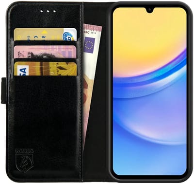 Rosso Element Book Case Wallet Hoesje Geschikt voor Samsung Galaxy A15 | Portemonnee | 3 Pasjes | Magneetsluiting | Stand Functie | Zwart