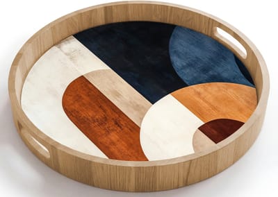 Dienblad rond 40x40 cm - Schootdienblad hout - Abstract - Vormen - Donkerblauw - Borrelplank rechthoek - Plateau houten dienbladen