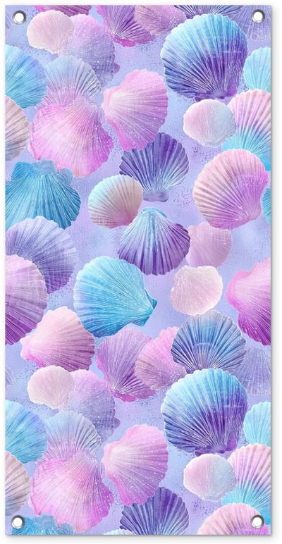 Tuinposter 40x80 cm - Tuindecoratie Schelpen - Paars - Blauw - Patroon - Poster voor in de tuin - Buiten decoratie - Schutting tuinschilderij - Tuindoek muurdecoratie - Wanddecoratie balkondoek