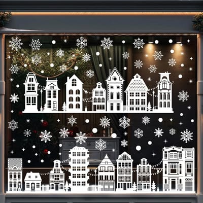 Dailygoods- Raamstickers Kerst - 9 Vellen - Sneeuwvlokken - Terraswoningen - Herbruikbaar - 30 x 20 cm - Feestelijke Decoratie - Kerststickers