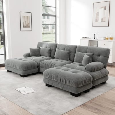 MODFU Modulaire Hoekbank - Diepe Zitting En Verplaatsbare Ottomanen - Vintage Stijl - Voor Woonkamer - Chenille - Grijs