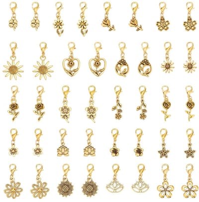 PandaHall 40 stuks bloem clip op bedelhangers, 20 stijl antieke gouden bloem bedels