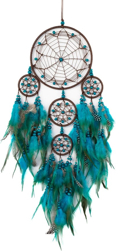 KIMU® Dromenvanger Ster Turquoise - Dreamcatcher Veren Macramé - Bohemian Ibiza Kinderen Boho Babykamer Buiten Kado Meisjeskamer Veertjes Festival