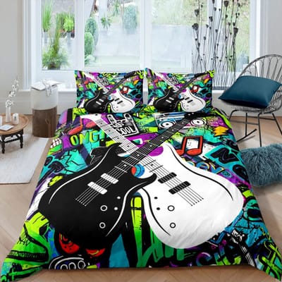 Gitaar Beddengoed Set Punk Rock Muziek Dekbedovertrek Set Voor Kinderen Tieners Jongens Jonge Man Roterend Muziekinstrument Dekbedovertrek EU single(135x200cm)
