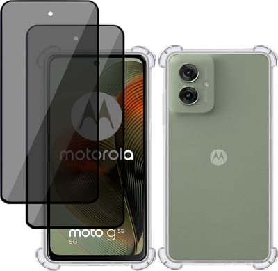 Hoesje + 2x Privé Screenprotector geschikt voor Motorola Moto G55 – Privacy Tempered Glass - Case Transparant