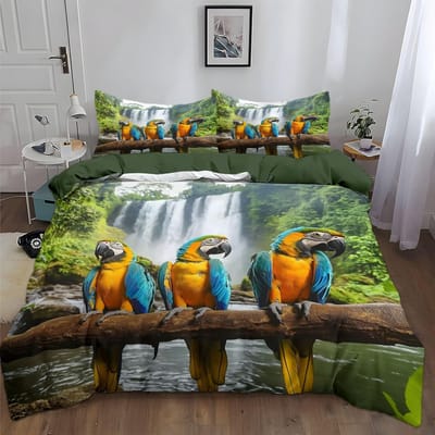 Papegaai Beddengoed Set, Dierlijke Veer Dekbedovertrek Set Palmblad Dekbedovertrek Tropische Plant Vogels Dekbedovertrek En Kussenslopen 75*50 135x200cm