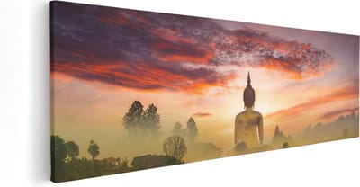 Artaza Canvas Schilderij Boeddha Standbeeld - 60x20 cm - Wanddecoratie Mist - Muurdecoratie Spiritueel - Kamer Accessoires Woonkamer