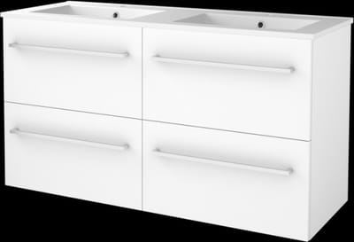 Basic Start 46 badmeubelset met wastafelonderkast met grepen, 4 lades en porseleinen wastafel met 2 kraangaten 120 x 46 cm, ice white