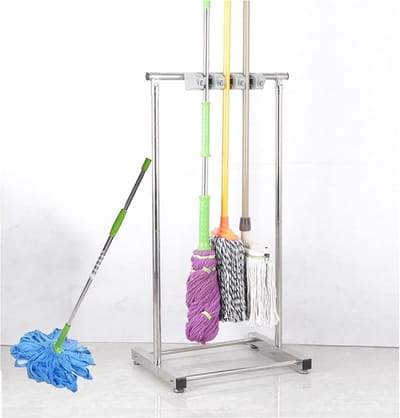 Dweilhouder Roestvrij Staal - Bezemrek Organizer - Schoonmaakmateriaal Opbergen - Ultra Stevig Draagvermogen - 3 Slots - Zilver