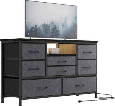 Tv-meubel met stoffen lades- commode- tv-meubel met ledverlichting- metalen frame- dressoir met organizer- voor slaapkamer- hal- woonkamer- grijs