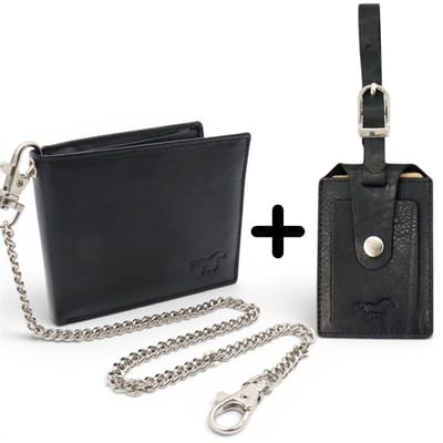 Safekeepers Luxe Reisset – RFID Leren Portemonnee met Ketting (40 cm) & Privacy Bagagelabel – Echt Rundleer – Zwart