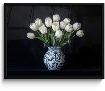Poster in lijst - Fotolijst 70x50 cm - Posters - Wit - Bloemen - Tulpen - Vaas - Posterlijst zwart - Decoratie - Wanddecoratie woonkamer - Muurdecoratie slaapkamer