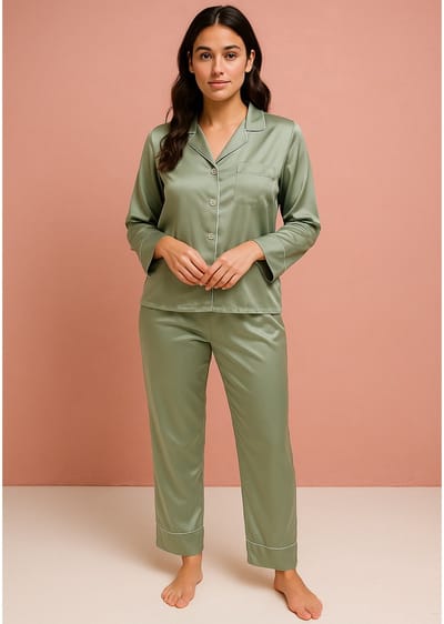 Kimomi Satijnen Pyjama Dames – Luxe Loungewear & Nachtkleding – Homewear Set met Lange Broek – Groen - Maat S
