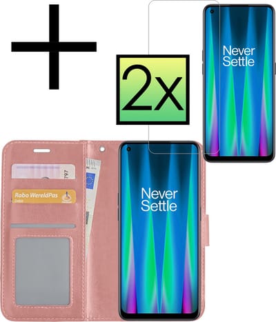 Hoesje - Met 2x Screenprotector - Geschikt voor OnePlus Nord CE 2 - Luxe Pasjeshouder - Bookcase Portemonee - Flip Case - Kunstleer Book Case - Flipcase Hoes - Book Cover - Walletcase - Portemonneehoes - Rosé goud