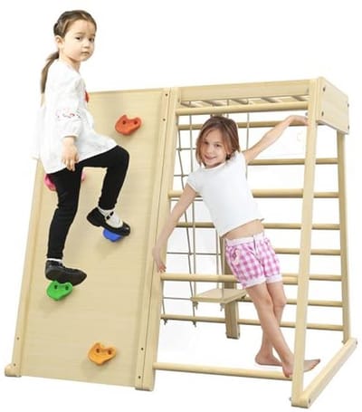 5-in-1 Klimset Speelplaats voor Kinderen met Schommel, Klimwand en Ladder - Natuurlijk Hout, 120 x 105 x 120 cm