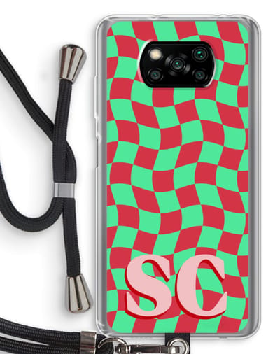 Gepersonaliseerd - Case Company® - Hoesje met koord geschikt voor Poco X3 Pro hoesje met Koord - Grid Monogram - Telefoonhoesje met Zwart Koord - Bescherming aan alle Kanten en Over de Schermrand