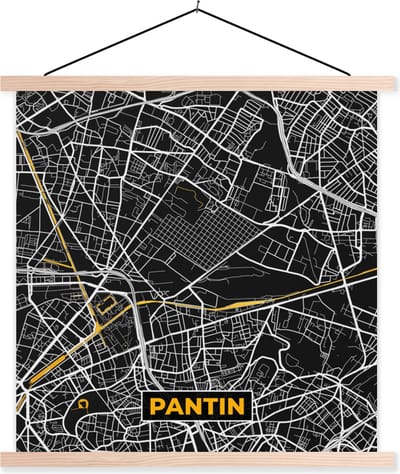 Posterhanger incl. Poster 40x40 cm - Schoolplaat - Kaart - Plattegrond - Pantin - Stadskaart - Frankrijk - Textielposter - Blanke latten - Stadskaart