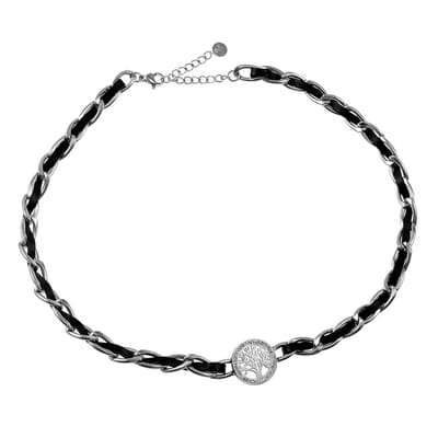 Halsketting Dames - Levensboom Ketting - Stalen Zilverkleur - Zwarte Leer - Schakelketting