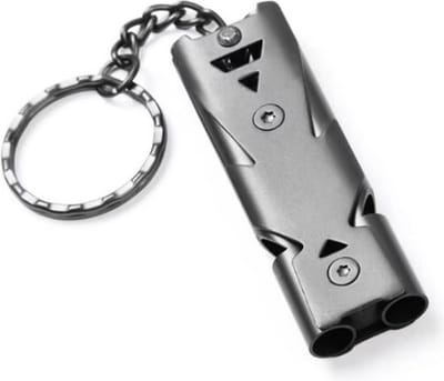 Actie4you® - Fluit - Outdoor uitrusting - Noodfluit - Alarmfluit – Dubbelpijp - Hoge Decibel - Survival Fluitje – RVS - Donker Grijs