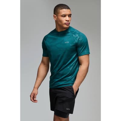 Man Active Regular Fit Camo Raglan Performance Gym T-Shirt | Dark Green | Size XL