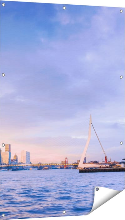 Gards Tuinposter Rotterdamse Skyline aan het Water - 80x120 cm - Tuindoek - Tuindecoratie - Wanddecoratie buiten - Tuinschilderij