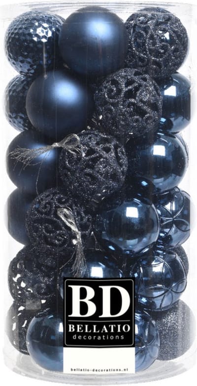 37x stuks kunststof kerstballen donkerblauw 6 cm inclusief kerstbalhaakjes - Kerstversiering - onbreekbare kerstballen