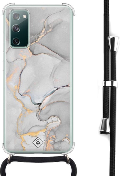 Casimoda® hoesje met koord - Geschikt voor Samsung S20 FE - Marmer Grijs - Afneembaar koord - Siliconen/TPU - Grijs