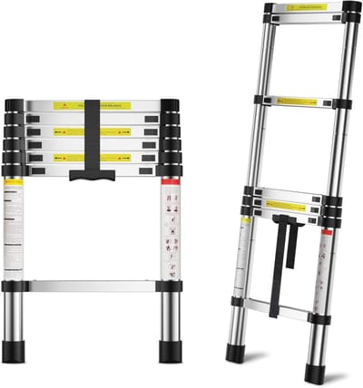 Telescoopladder Lichtgewicht Aluminium tot 2 m Compact en Draagbaar - Telescopische Vouwladder Veilig Vergrendelingssysteem en Antislip Voeten - Ladder Opvouwbaar Design tot 150 kg voor Thuis en Klussen