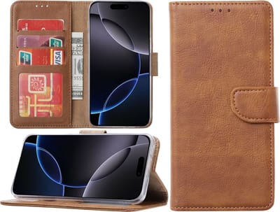 Hoesje Geschikt voor iPhone 16 Pro hoesje – portemonnee bookcase met pasjeshouder – Bruin