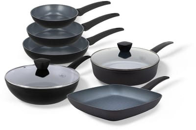 BE Living Pannenset 6-delig - Ø 20, 24 & 28 cm Koekenpan + Ø 28 cm Wokpan met Deksel + Ø 28 cm Hapjespan + Ø 28 cm grillpan - Koekenpannenset - Keramisch - Inductie Pannen - PFAS Vrij Anti Aanbak - Delight Series