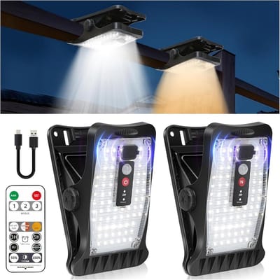 GELLDG Buitenverlichting op zonne-energie (2-pack) — Opsteeklampen met bewegingssensor — Voorzien van 70 LED-lampjes & 3 kleurtemperaturen — Ondersteunt opladen via USB & bediening met afstandsbediening — Geschikt voor tuinen, schuttingen en dakgoten