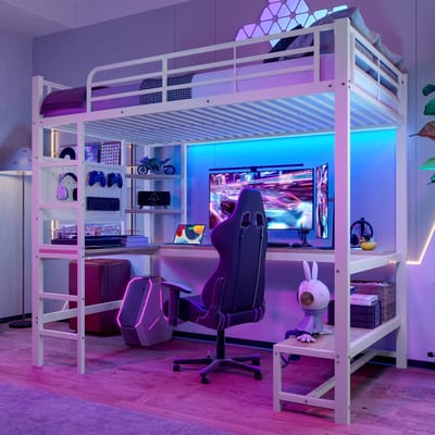 Gutent Loftbed - 90 x 200 cm - ijzer - met bureau - USB + Type-C-aansluiting - LED-verlichting - zonder matras - Wit-Geen stoel