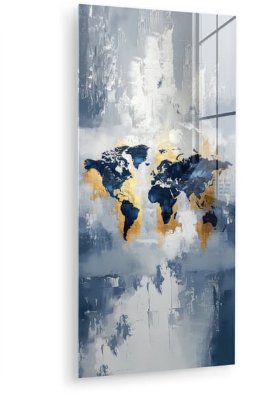 MuchoWow® Glasschilderij 40x80 cm - Schilderij acrylglas - Wereldkaart - Blauw - Abstract - Foto op glas - Muurdecoratie woonkamer - Wanddecoratie slaapkamer - Schilderijen