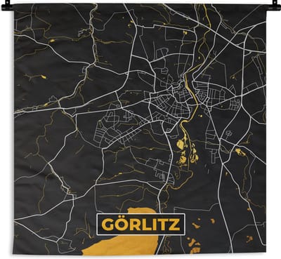 Wandkleed - Wanddoek - Duitsland – Black and Gold – Görlitz – Stadskaart – Kaart – Plattegrond - 180x180 cm - Wandtapijt