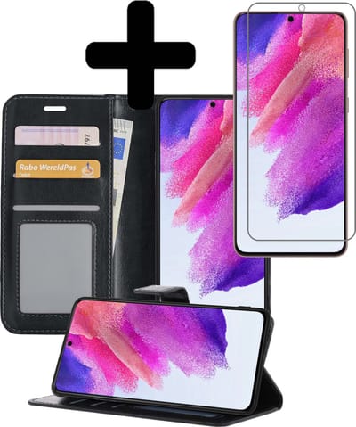 Hoesje - Met Screenprotector - Geschikt voor Samsung Galaxy S21 FE - Luxe Pasjeshouder - Bookcase Portemonee - Flip Case - Kunstleer Book Case - Flipcase - Book Cover - Walletcase - Portemonneehoes - Telefoonhoesjes - Zwart