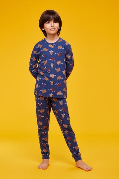 Woody pyjama jongens/heren - donkerblauw met mammoet all-overprint - 232-10-PZL-Z/910 - maat 152