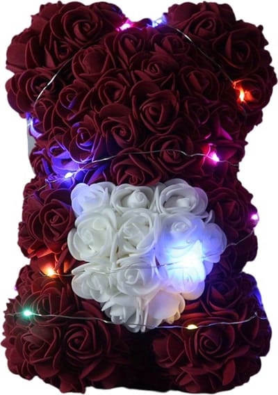 Livano Rozen Teddy Beertje - Rozen Beer - Rose Bear - Valentijn Cadeautje Voor Haar & Hem - Vrouw - Bordeaux Rood Met Licht