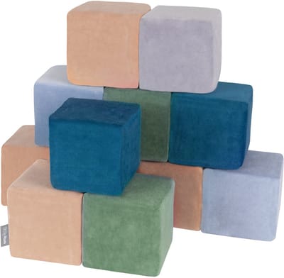 KiddyMoon foam kubussen voor baby van velours zachte blokken foam speelgoed montessori speelgoed met foam en veel plezier voor kinderen, made in the eu, 12 stuks, blokken:laguneturquoise-forestgreen