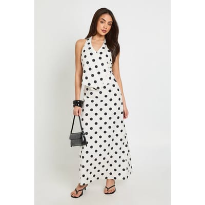 boohoo Dames Polkadot Linnen Look Lage Taille Maxi Rok | Wit | Maat: 36