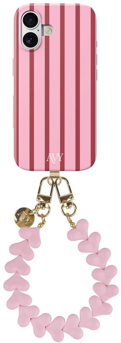 AVY Hoesje Met Telefoonkoord | Geschikt voor Apple iPhone 16 | Compatibel met MagSafe | Hard Shell Back Cover | Stijlvol Bijpassend Koord 30CM | Linea Hearts | Roze